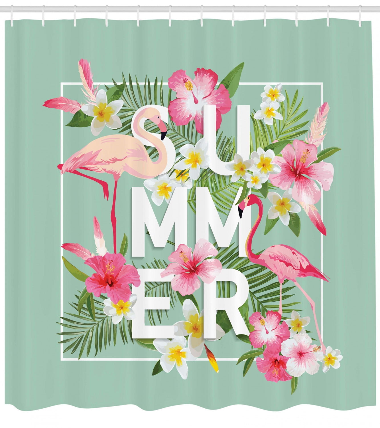 70/'/' Tropical Waterproof Flowers Flamingo Bathroom Shower Curtain with 12 Hooks