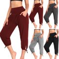 thumbnail image 6 of Joernso Women Casual Yoga Pants Wide Waistband High Waist Cropped Pants Pockets Design Solid Color Stretchy Sport Pants, 6 of 8