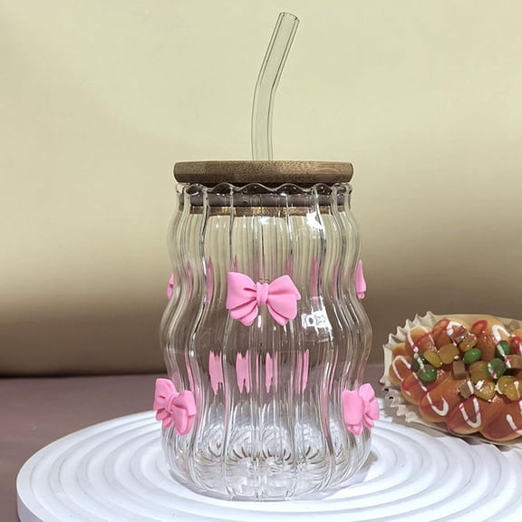 15 Oz Ribbed Bow Glass Cups with Lids and Glass Straws, Vintage Drinking Glassware Ripple Glasses, Iced Coffee, Smoothies, and Juices