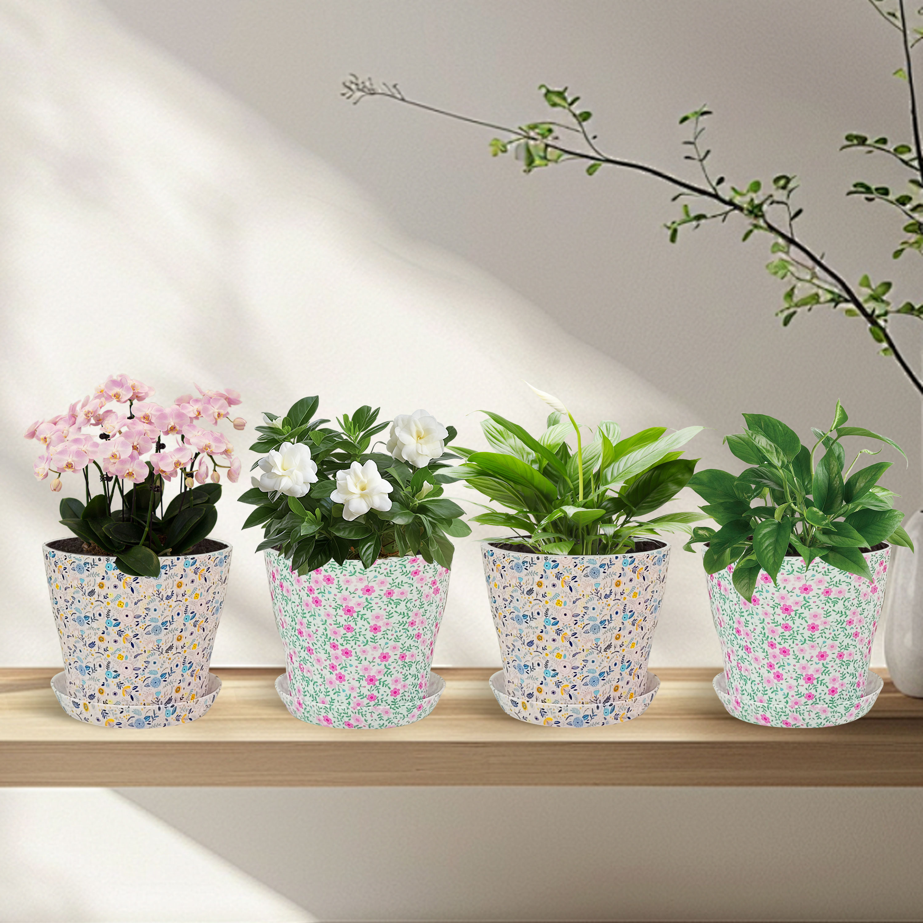 Set of 4 Plastic Printed Planters with Drainage Holes and Saucers,Diam 4.7Inch Home Decor Flower Pots for Indoor Planter - Plastic Planters Pot for Indoor Plants, Cactus, Succulents
