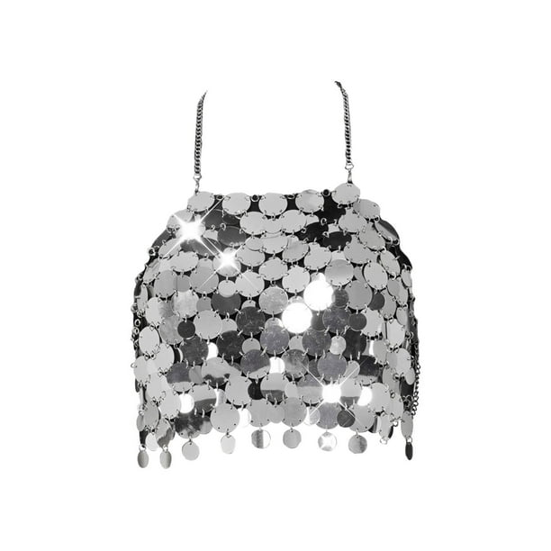 Halter Bra Top Lentejuelas Crop Top Outfit Backless Dance Wear Sin mangas Sparkly Crop Halter Top Camisole Cami Top para Nightclub Rave Summer Yinane Top corto de lentejuelas