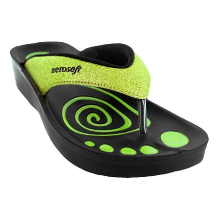 Green Jelly Sandals - Womens Aerosoft GLITERATTI Flip-Flop Sandals With Aerothotic Insoles - Green Sparkle