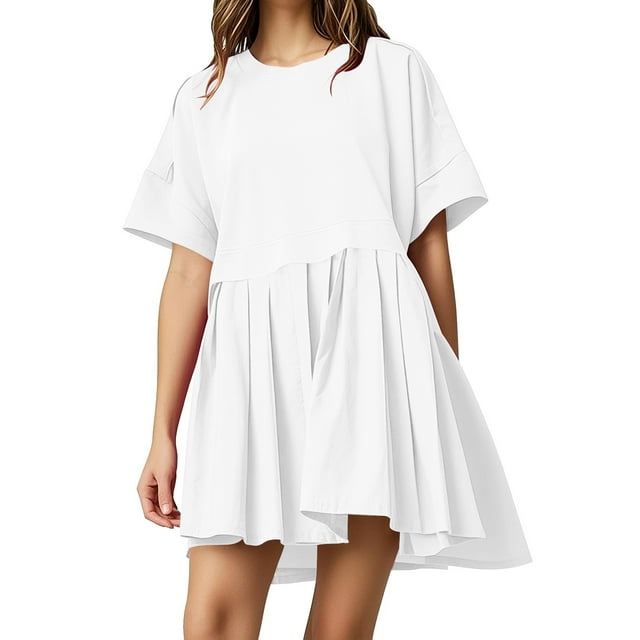 LOVZFMLL Robes d'Été pour Femmes Mignonnes Sans Manches/manches Courtes Col Rond à Volants Plissées Ligne A Fluides Mini Robes Amples Décontractées Tenues de Mode Blanches B TG