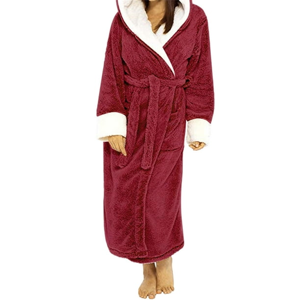 GoodLife Women Bathrobe Flannel Warm Long Robe Waist Laceup Pocket