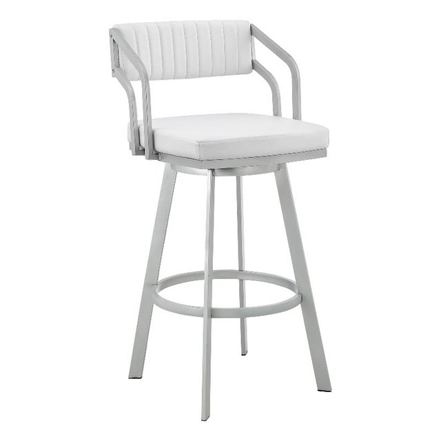 Armen Living Scranton 30" Faux Leather/Metal Swivel Bar Stool in White/Steel