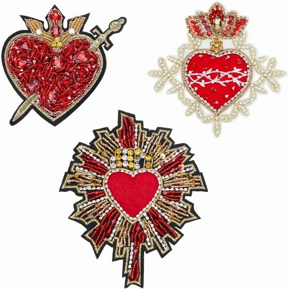 3Pcs 3 Styles Computerized Embroidery Cloth Iron on/Sew on Patches with Resin Rhinestone Costume Accessories Appliques Heart Red 120~148x110~122x5~6.5mm 1pc/style