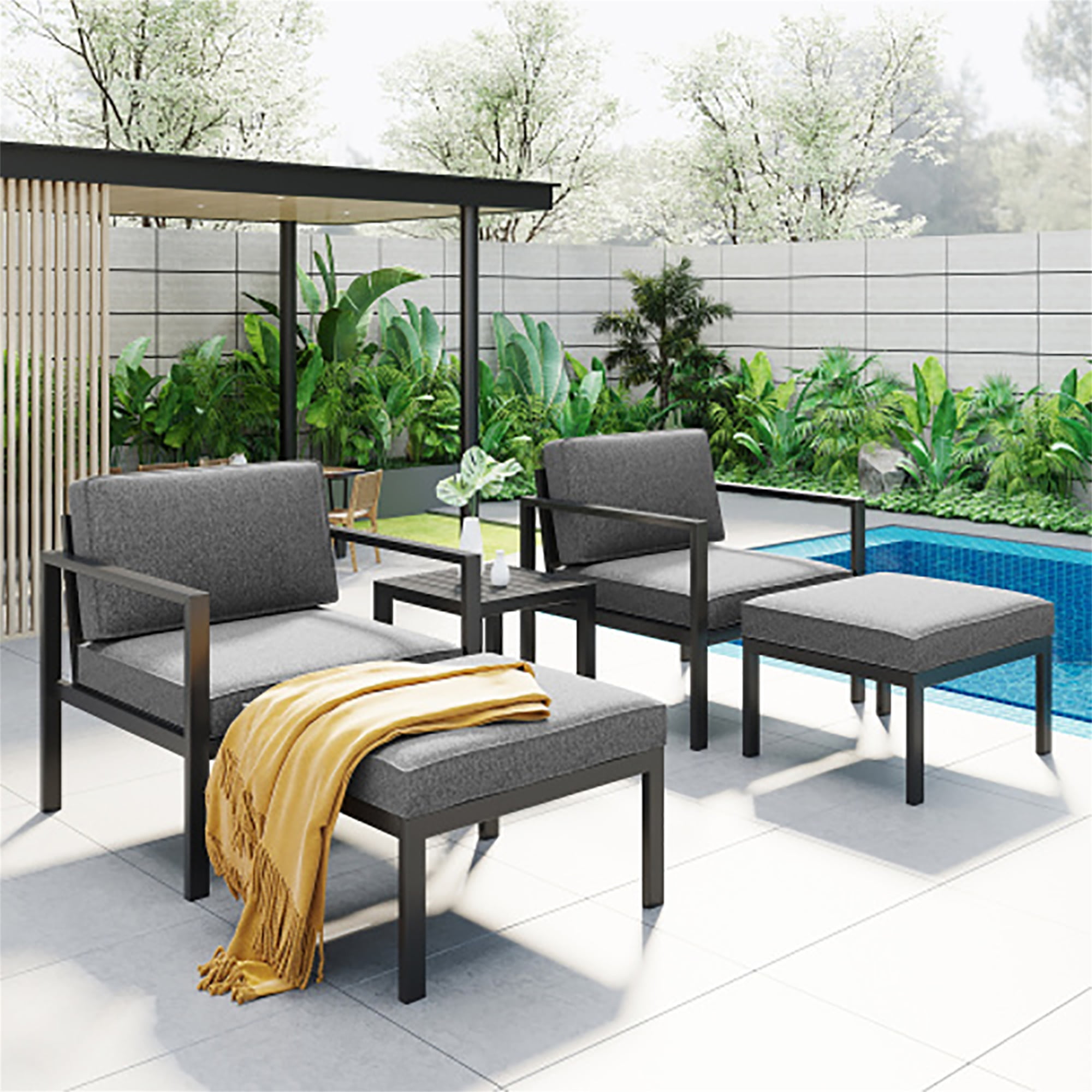 Kadyn Outdoor Patio Sofa Sectional, 5 Piece Aluminum Conversation Sofa Set with Coffee Table and Stool, Black Frame + Gray Cushions Kadyn Outdoor Patio Sofa Sectional, 5 Piece Aluminum Conversation Sofa Set with Coffee Table and Stool, Black Frame + Gray Cushions