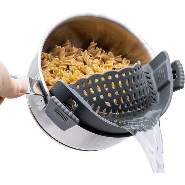 (gris) Colador de cocina de silicona colgante Tamiz de harina con mango de malla fina para escurrir polvos, repostería, fideos, arroz, colar salsas, colar sobre un recipiente, lavabo