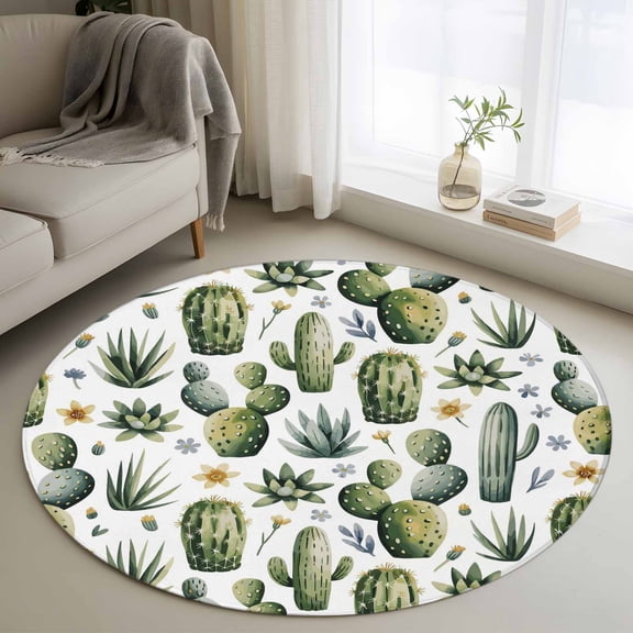 Round Rugs 4 Ft, Modern Cactus Non Slip Area Rugs for Kitchen Bedroom Entryway, Spring Watercolor Country Green Plant Washable Carpet Runner Rug Floor Mats for Bedroom Home Decor