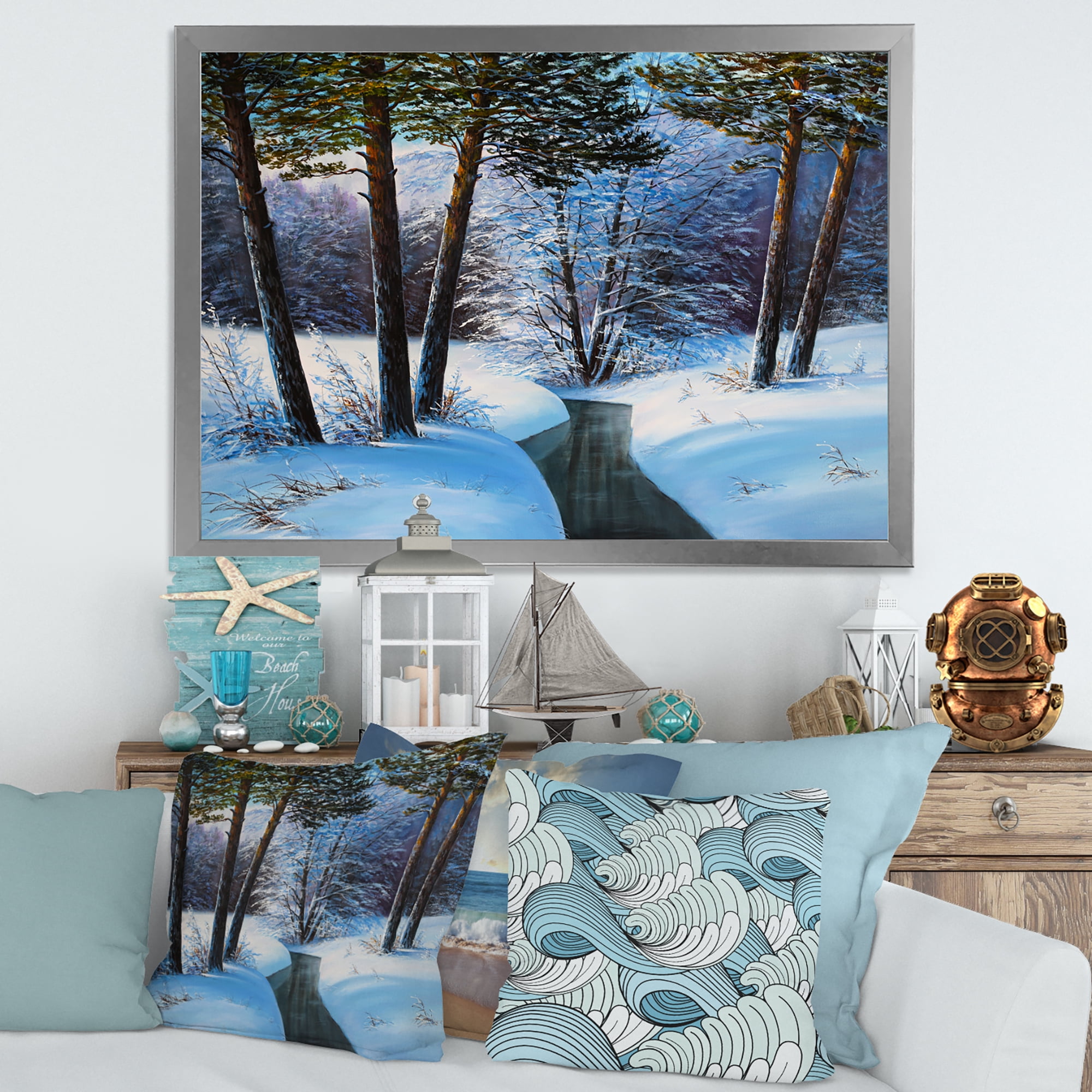 Designart 'Christmas Forest With Trees and River III' Traditional Framed Art Print