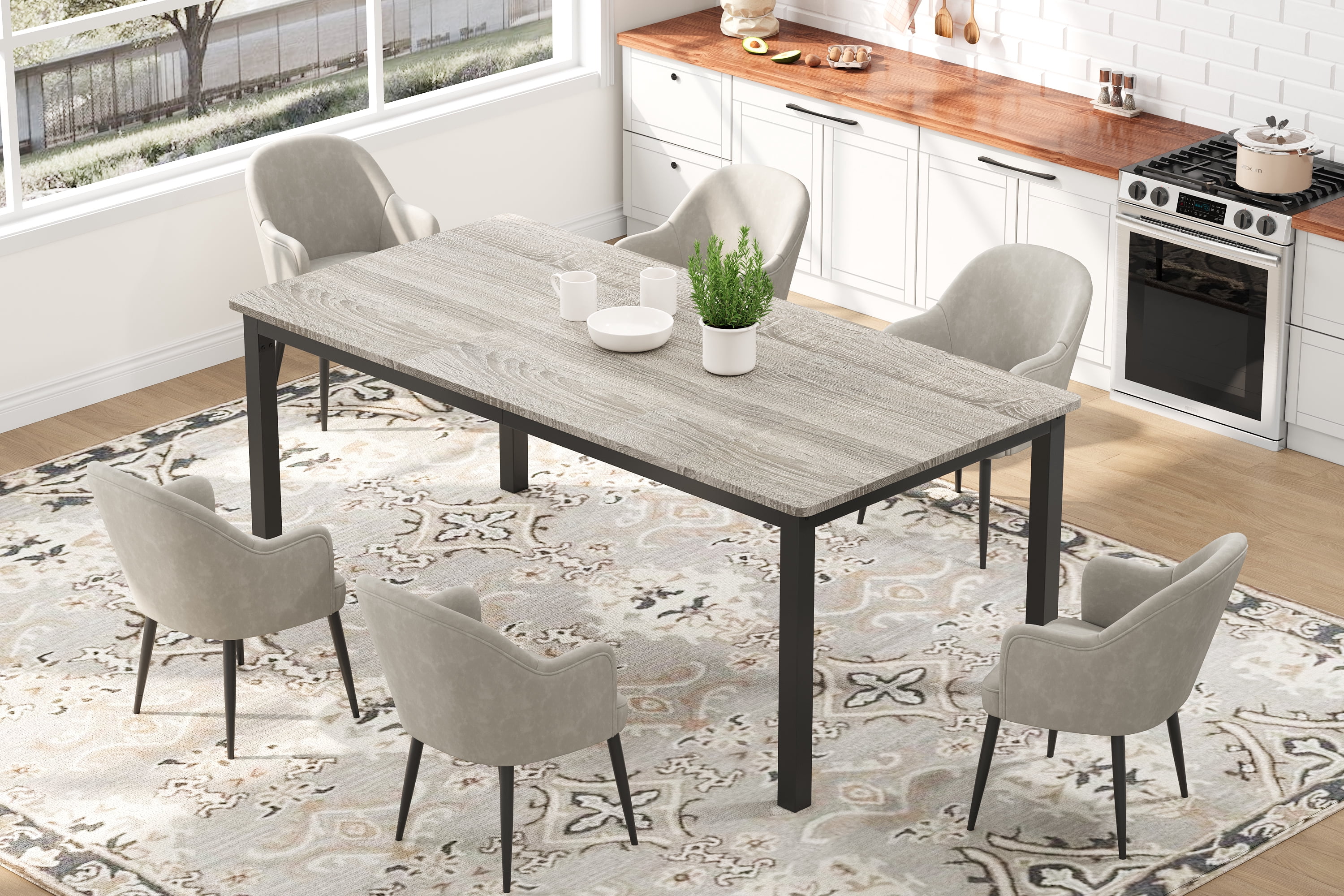 71/79 Inch Industrial Dining Table, Large Kitchen Table with Metal Legs & Wood Top, Retro Brown Conference Desk for Dining Room, Office, Living Room
