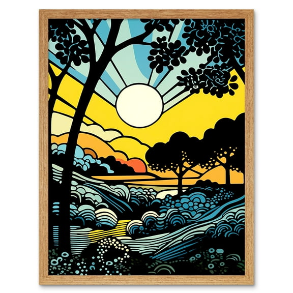 Forest Sunrise Landscape Sun Rays Patterns Blue Orange Pop Art Comic Book Halftone Art Print Framed Poster Wall Decor 12x16 inch