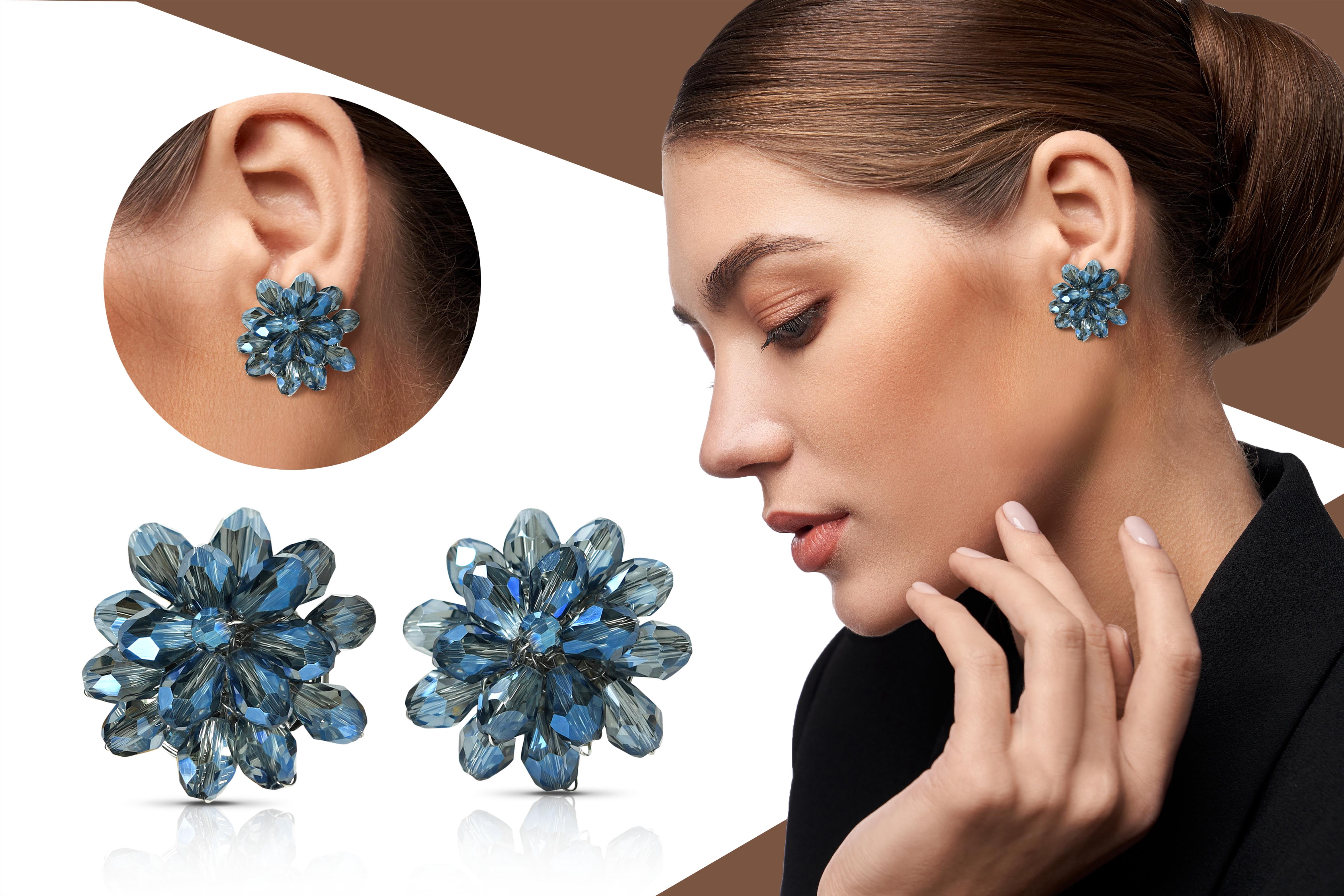 Dazzling Deep Blue Chrysanthemum Crystal Clip On Earrings