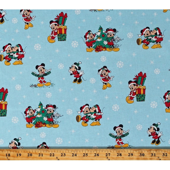 Cotton Mickey and Minnie Mouse Christmas Tree Mickey and Friends Christmas Kids Blue Cotton Fabric Print by the Yard (71753-1600715)