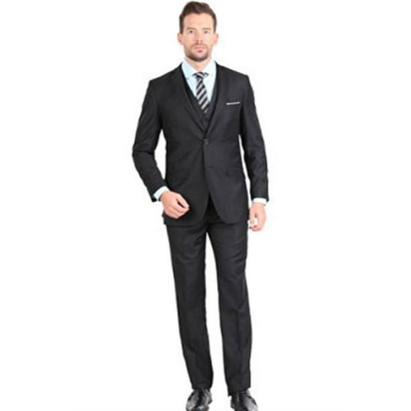 Black Men's Two Button Notch Collar Single Breasted 3 Piece Slim Fit Vested Suit
