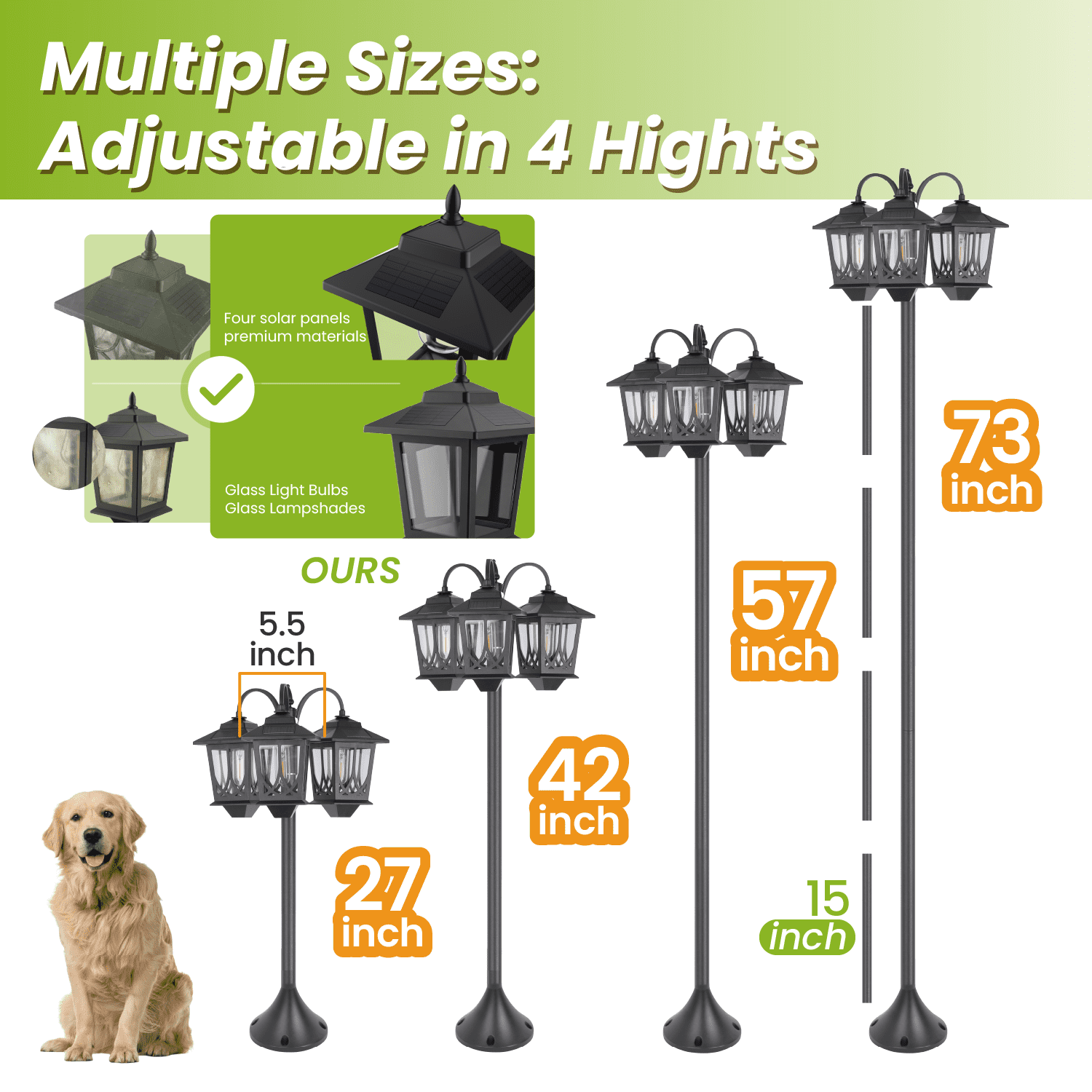 HOODINK 3-Head Solar Outdoor Lamp Post Lights, 73" 60 Lumens Solar Lights Outdoor Waterproof for Garden