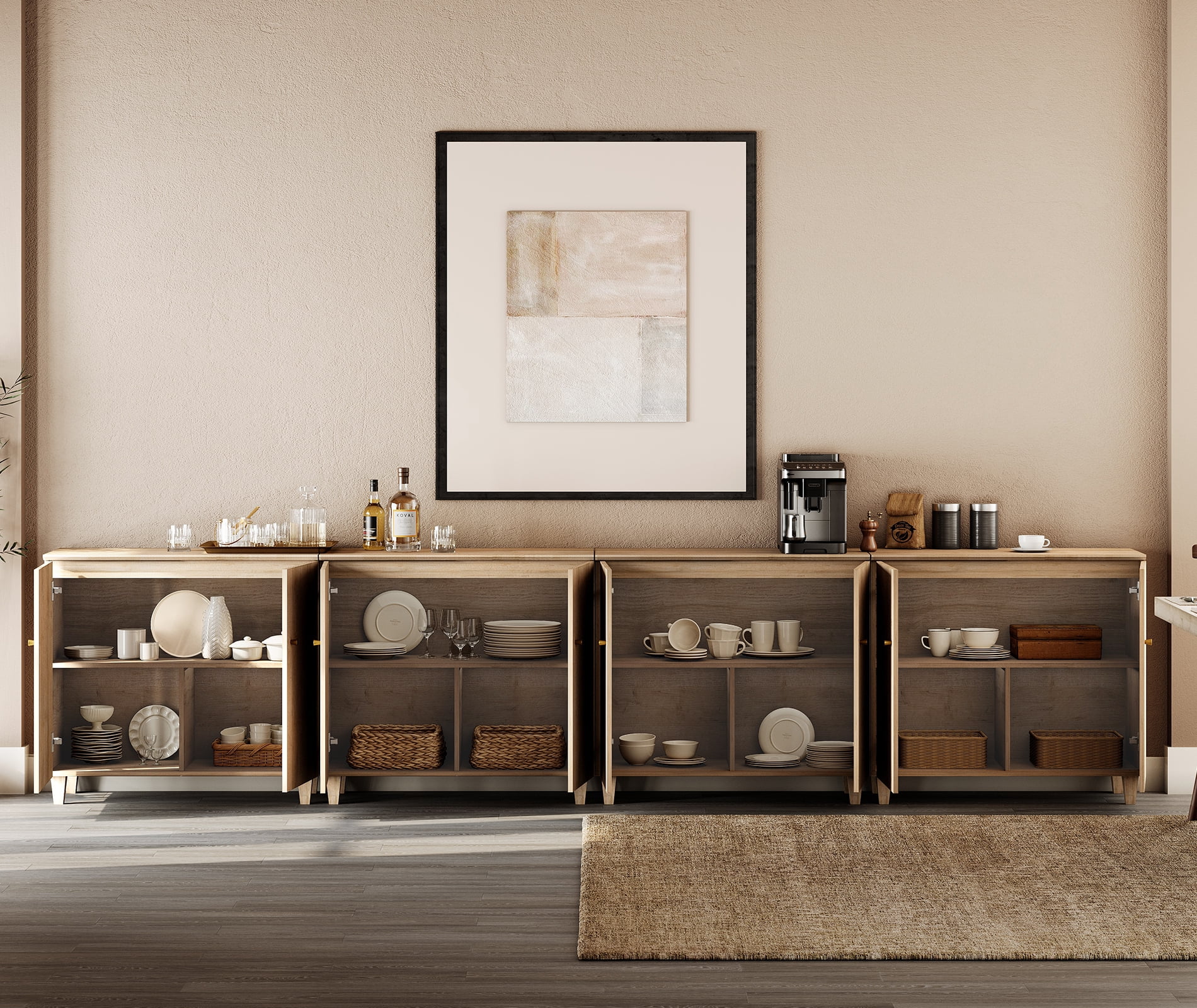 Sideboard Buffet Cabinet with 12 Compartments, 142" Wide, Light Oak Wood Finish