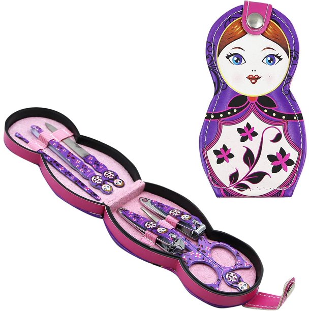 Aibearty Adorable Cortauñas De Acero Inoxidable con Patrón De Muñeca Rusa, Juego De 6 Piezas, Kit De Aseo Profesional, Herramientas para Uñas con Estuche De Viaje De Lujo