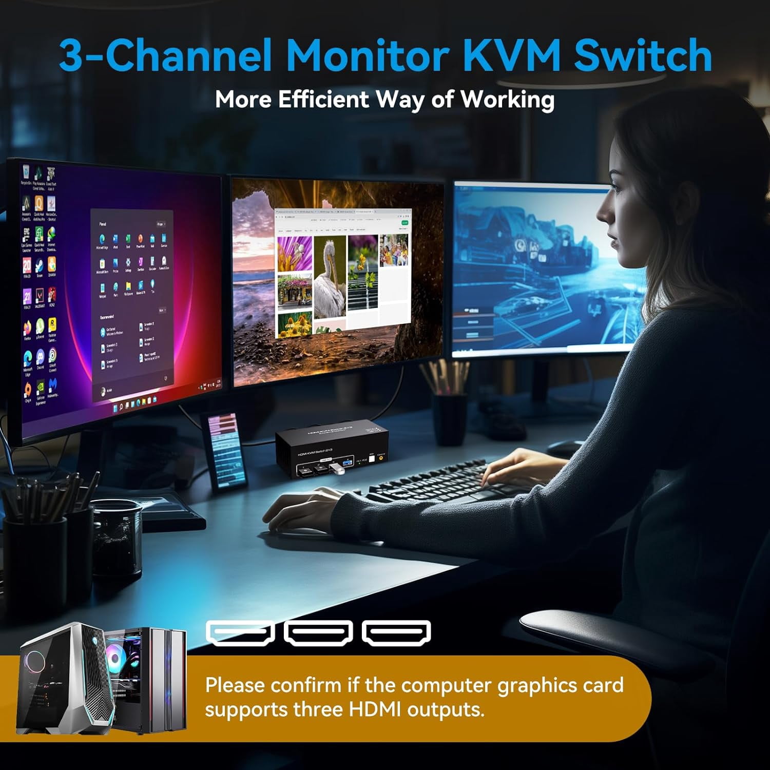 8K@60Hz HDMI KVM Switch 3 Monitors 2 Computers 4K@120Hz USB 3.0 KVM Switches Triple Monitor 2 Ports Share 1 Set of Keyboard Mouse Printer Scanner Between 2 PC or Laptops with Wired Controller