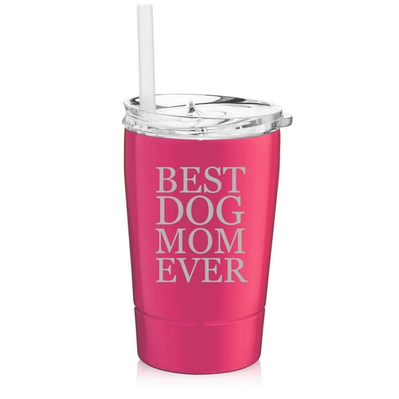 12 oz Tumbler Double Wall Stainless Steel Vacuum Insulated Coffee Travel Mug With Straw Best Dog Mom Ever (Hot Pink)