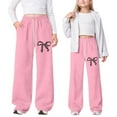 thumbnail image 2 of lnmuld Girls Leopard Dot Bow Print Wide Leg Sweatpants Solid Fabric Elastic Waist Dual Side Pockets Soft Knit Girly Casual Trousers Color:Pink,Size:4-5 Years, 2 of 3