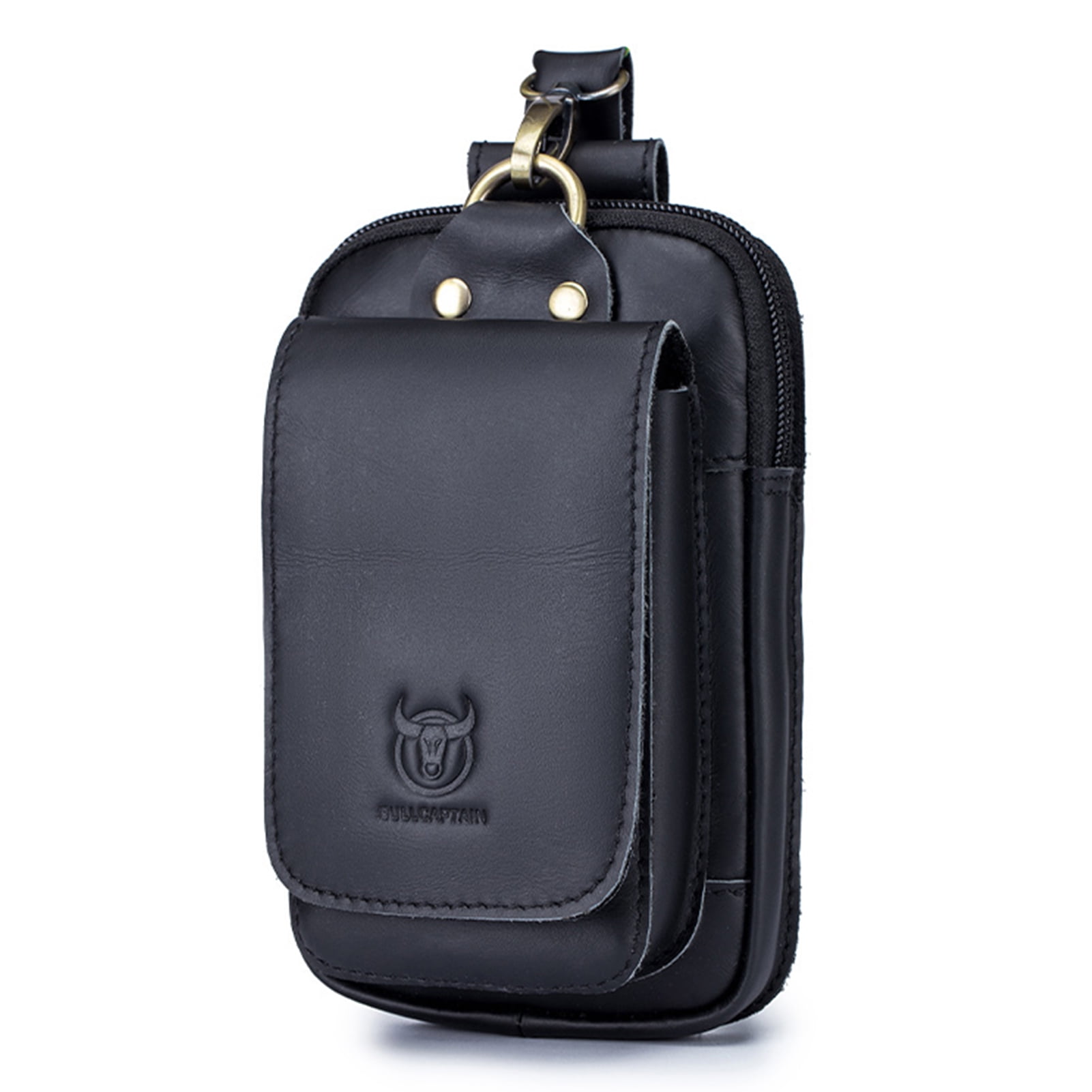 Bull Captain Men Vintage Leather Belt Bag Travel Cell Phone Purse Wallet Waist Bag Fanny Pack Black