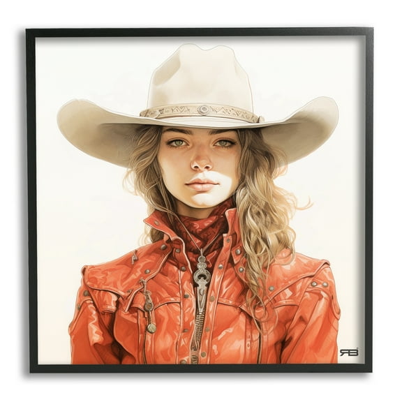 Stupell Industries Western Cowgirl Portrait Abstract Painting Black Framed Art Print Wall Art, 12 x 12