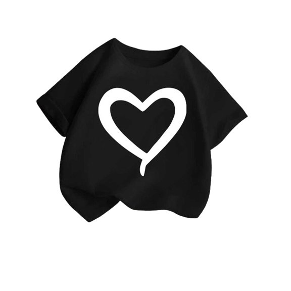 ZACPNCV Girls Graphic T-Shirts Short Sleeve Crewneck Cute Tees Cute Heart Print Summer Tops for Kids A-Black