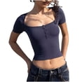 thumbnail image 2 of Wycnly Womens Tops Dressy Casual Party Club Sexy Slim Fit Button up Going out Cropped Tees Shirts Summer Short Sleeve Crewneck Tops Solid Blouse Navy s, 2 of 4