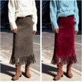 thumbnail image 7 of Women's fringed faux suede skirt, high-waisted slim-fit pencil skirt, elegant autumn/winter midi skirt, vintage A-line slim skirt, 7 of 7