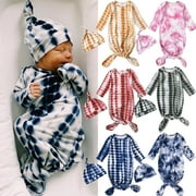 Newborn Baby Cotton Tie-Dye Printed Gown Blanket Swaddle Wrap Knotted Sleepwear Sleeping Bags Warm Hat 0-6M