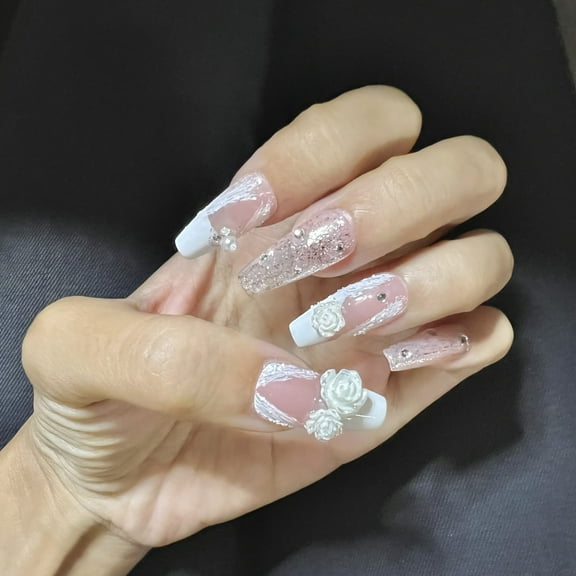 10pcs 3D Camellia French Tip Rhinestone Translucent Reusable Glitter Handmade Press On Nails (M)