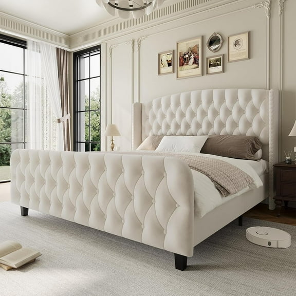 Eastvita 51" Tall King Size Velvet Upholstered Platform Bed Frame - Button Tufted Wingback Headboard & Footboard, Beige