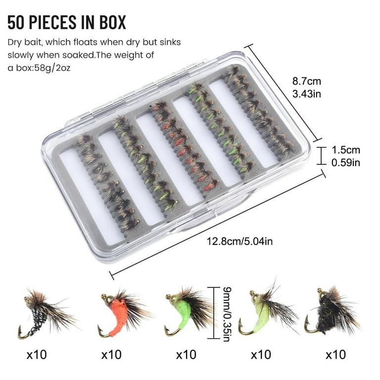 Mosiee 50 5-Color Small Fly Hook Fly Fishing Bait Dry And Wet Bionic Flies  