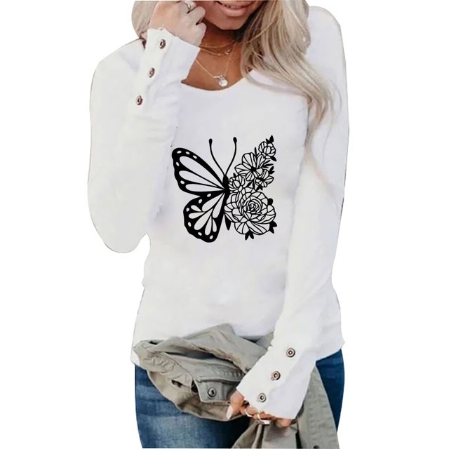 Moda mujer casual impreso cuello redondo manga larga otoño blusa pullver tops Pompotops FGAJ7008