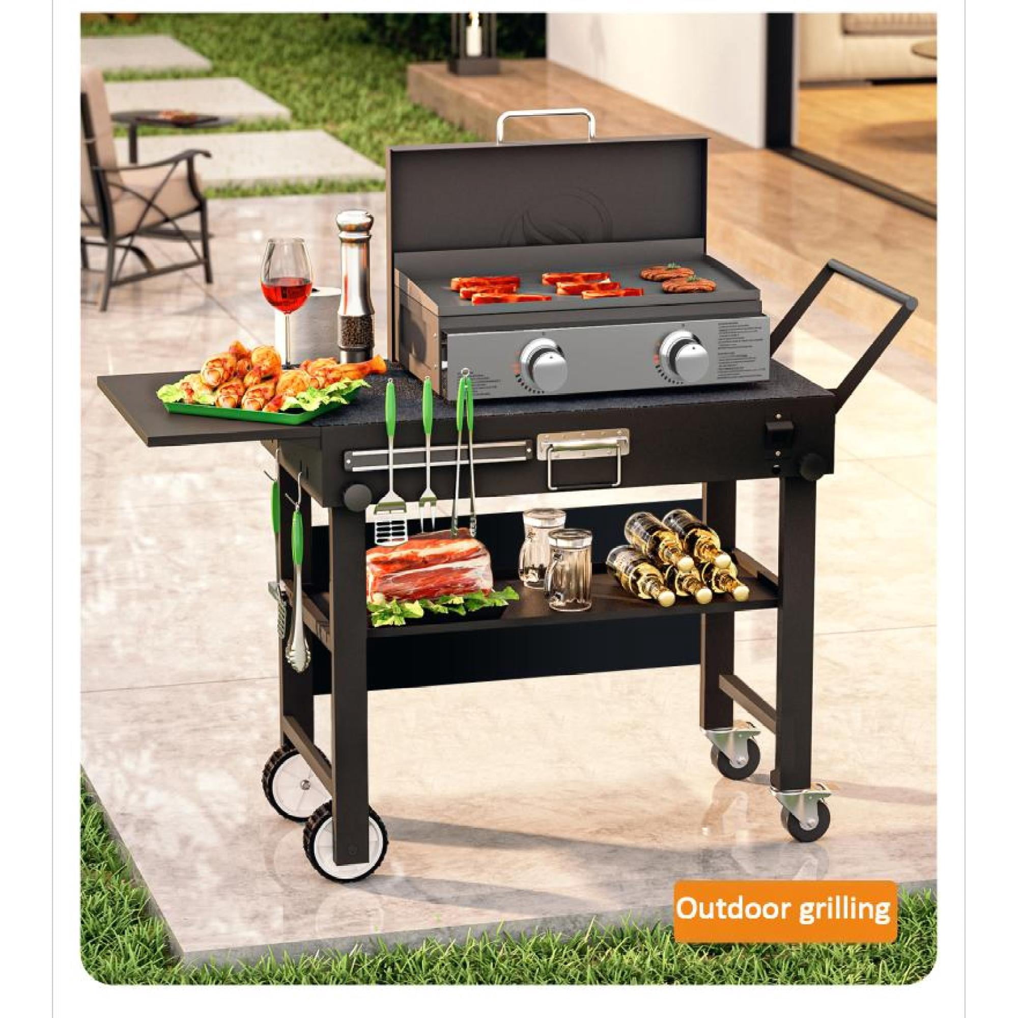 Portable Outdoor Grill Cart with Foldable Design and Stainless Steel Construction, Grill Table for BBQ and Camping, Black
