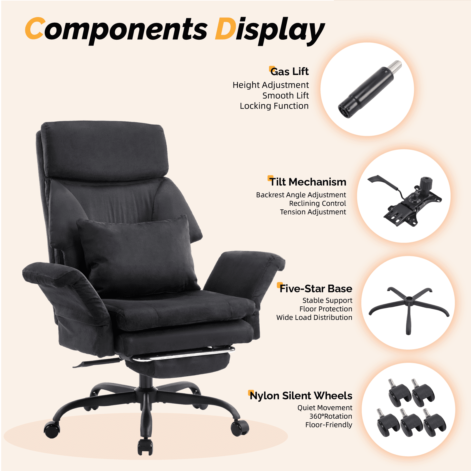 Ktaxon Gaming Chair with Footrest, High Back Faux Suede Office Chair, Adjustable Reclining Desk Chair with Lumbar Support, Swivel Task Seating for Adults Black