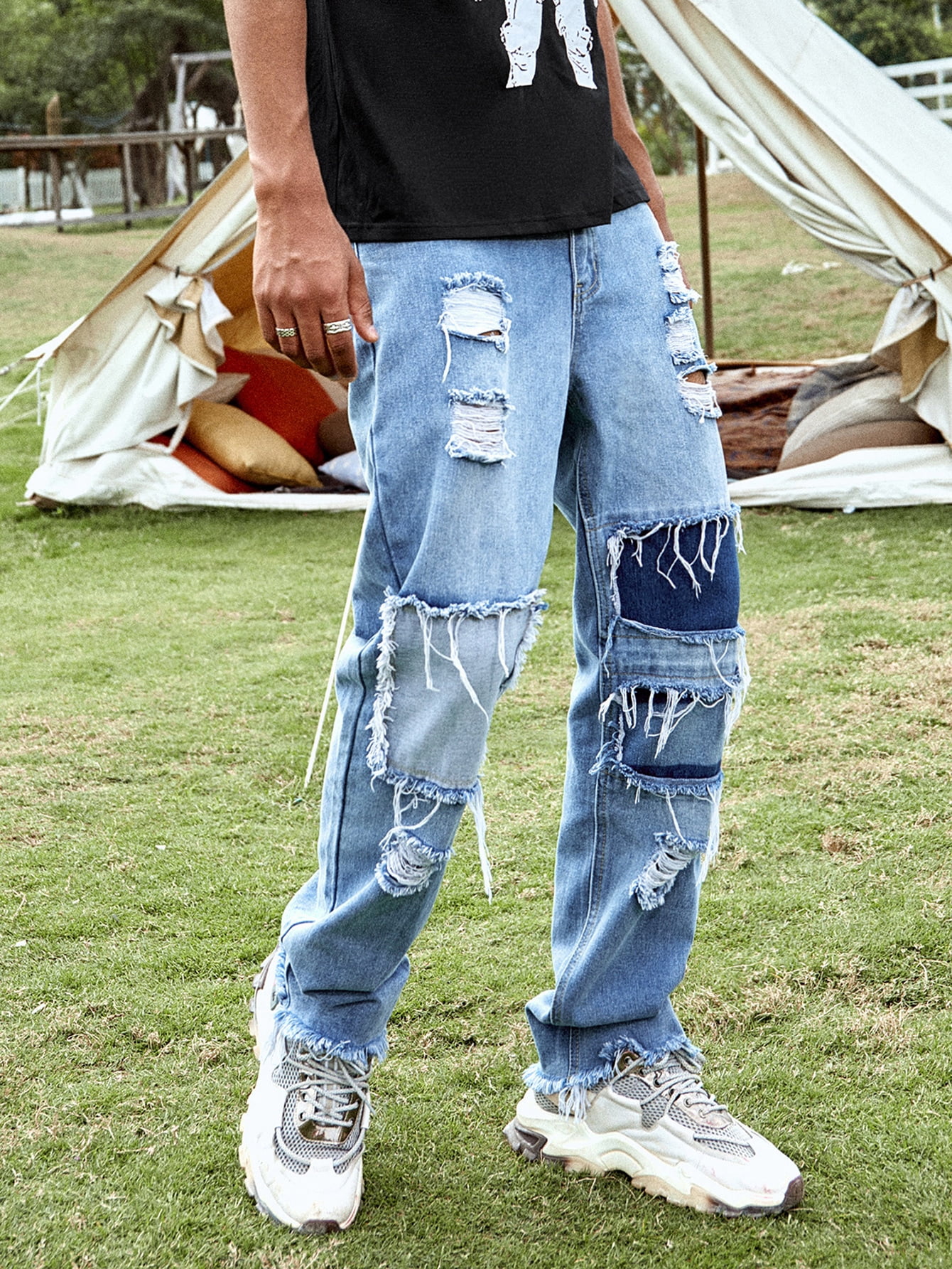 Men Raw Hem Ripped Straight Leg Jeans 