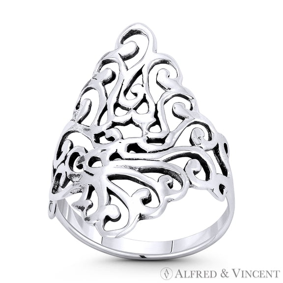 Filigree Swirl Plant Vine Green Thumb Garden Lover Charm 27mm (1.1in) Wide Ring in Oxidized .925 Sterling Silver