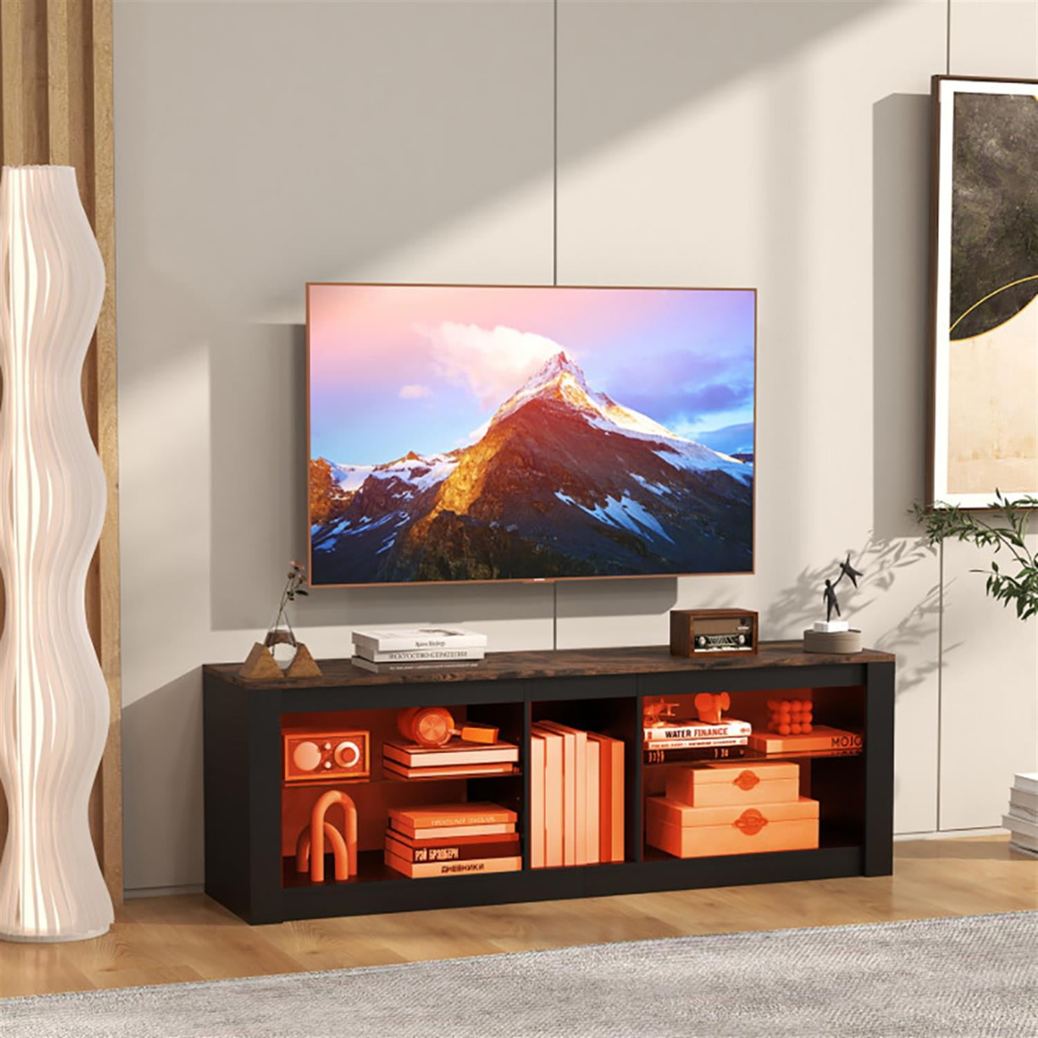 Demi Bonn TV Stand for 65" TVs, Entertainment Center with LED Light and Adjustable Shelves, Modern Media TV Console Table for Living Room Bedroom, Brown