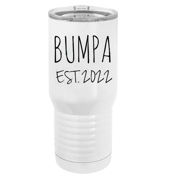 Bumpa Est. 2022 Established Stainless Steel Vacuum Double-Walled Insulated 20 Oz Tumbler Travel Coffee Mug with Clear Lid, White