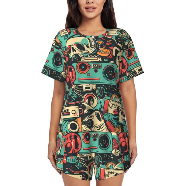 Balery Retro Pop Art Collage Conjunto de Pijama para Mujer con Estampado, Dos Piezas de Manga Corta y Shorts, Ropa de Dormir Suave con Cuello Redondo y Bolsillos-4X-Large