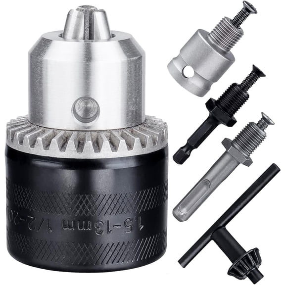 Heavy Duty 1.5-13mm Keyed Drill Chuck Adapter Kit, 1/2"-20UNF Thread with SDS-Plus, 1/4" Hex Shank and 1/2" Square Female Socket, High Hardness Steel Converter for Impact Wrench, Hammer and Driver