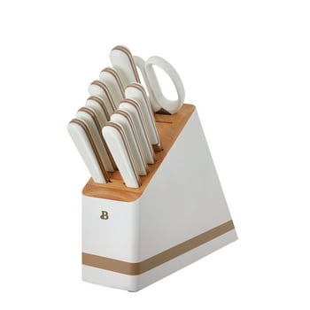 Beautiful 12-piece Forged Kitchen  Set in White with Wood Storage Block, by Drew Barrymore