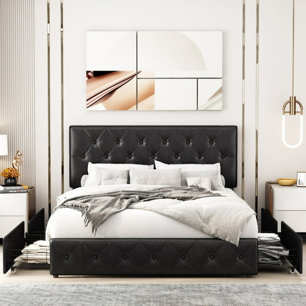 Homfa Faux Leather Storage Platform Bed Frame, Full Black Bed Frame