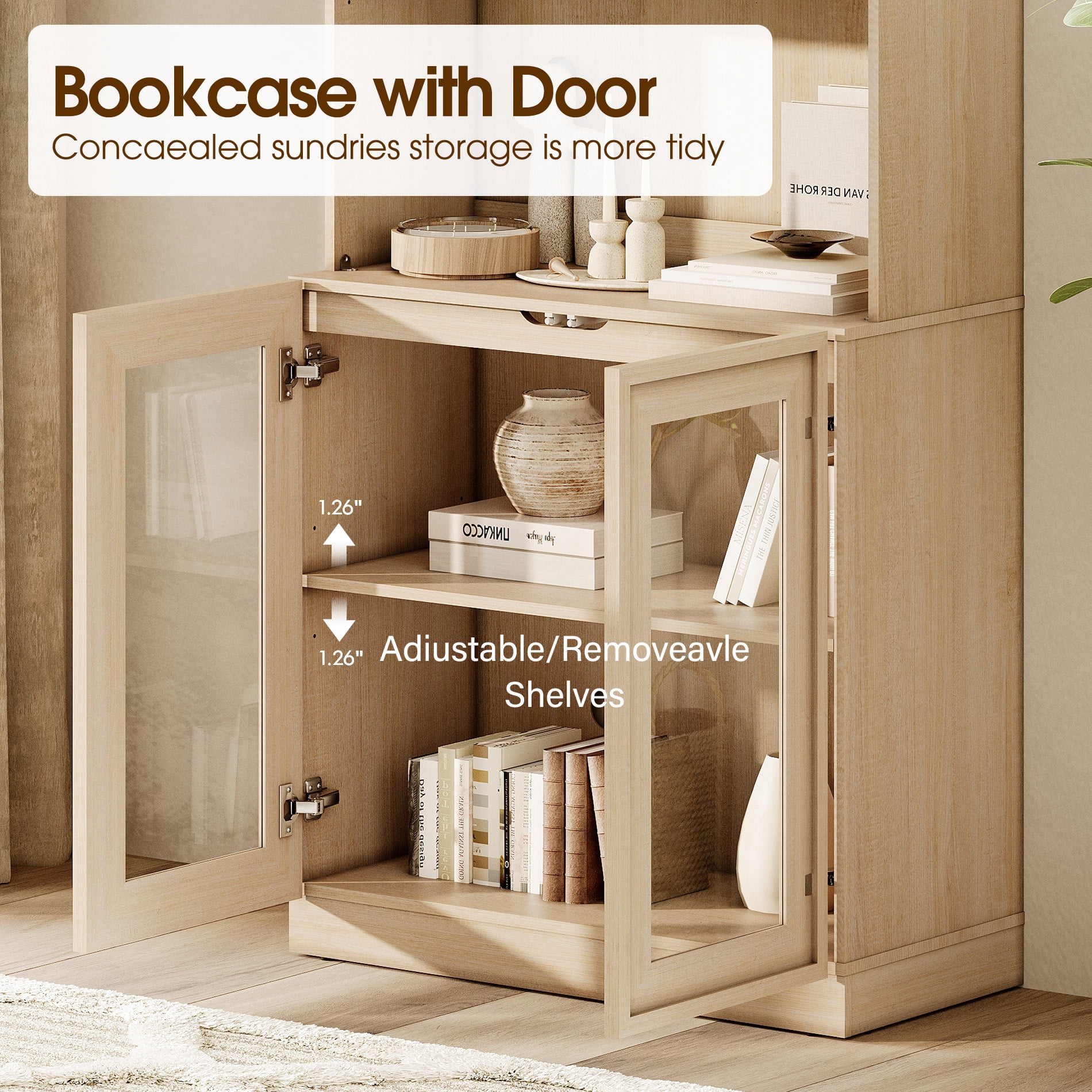 72" Tall Modern Sideboard Buffet Cabinet, Glass Door Storage Cabinet with Adjustable Shelves, Layered Wood Console Cabinet for Dining Room,Living Room, Entryway,Beige