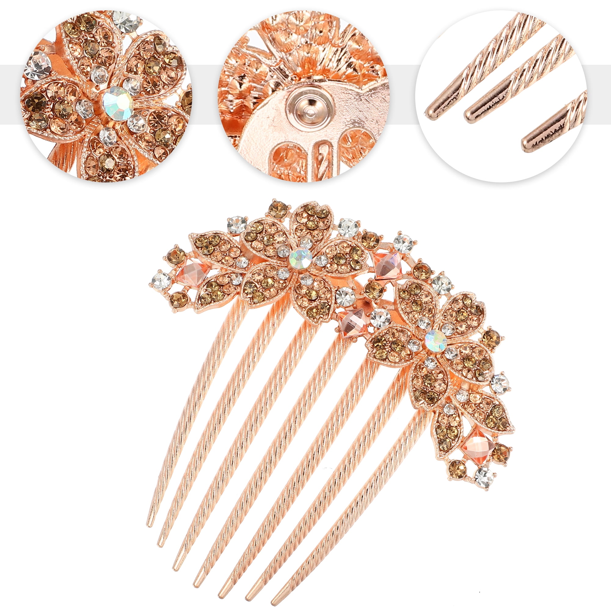 Unique Bargains Women Rhinestone Inlaid Flower Hair Comb Champagne
