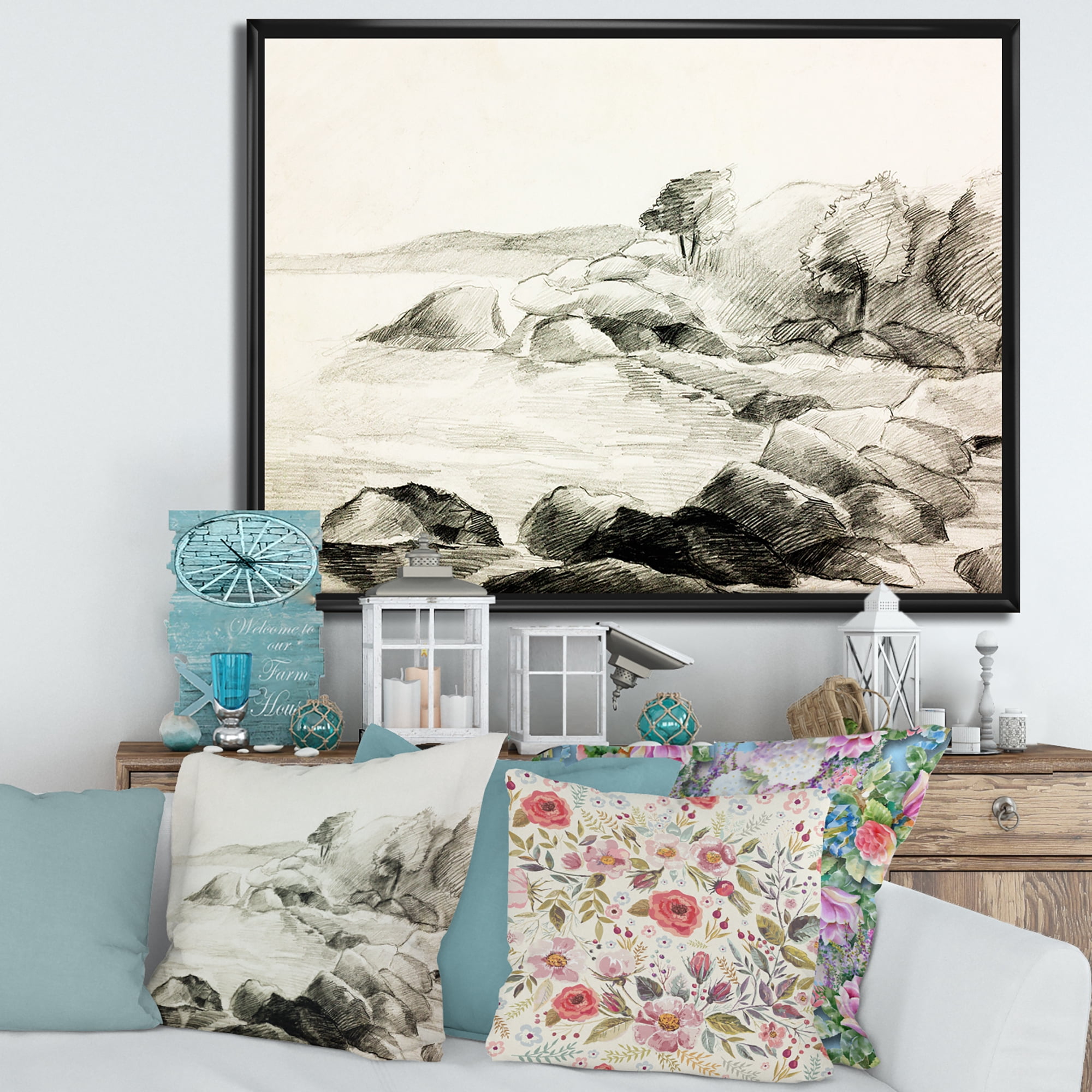 Designart 'Black and White Lake Shore' Nautical & Coastal Framed Canvas Wall Art Print