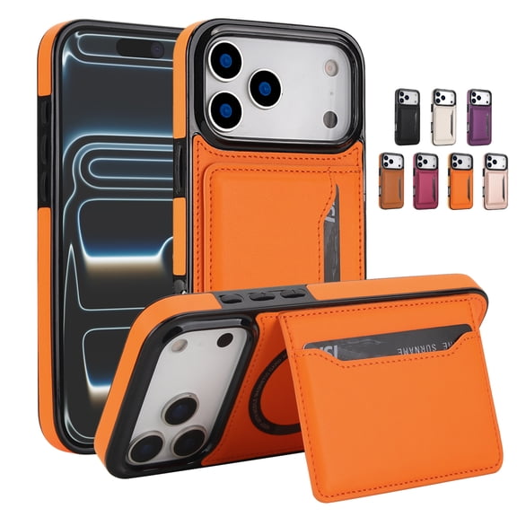Mynvo for iPhone 17 Pro Case Compatible with MagSafe, Slim Fit Premium PU Leather Wallet Case with Card Holder Magnetic Shockproof Protective Cover with Kickstand for Women Men, Orange