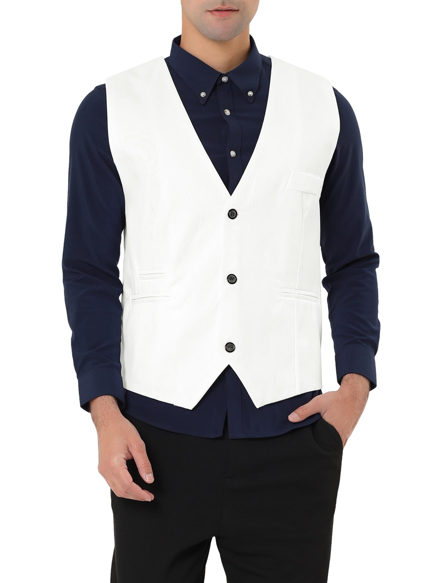 Lars Amadeus Men's V Neck Sleeveless Two Pockets Button Down Vests, Size: Large, Black
